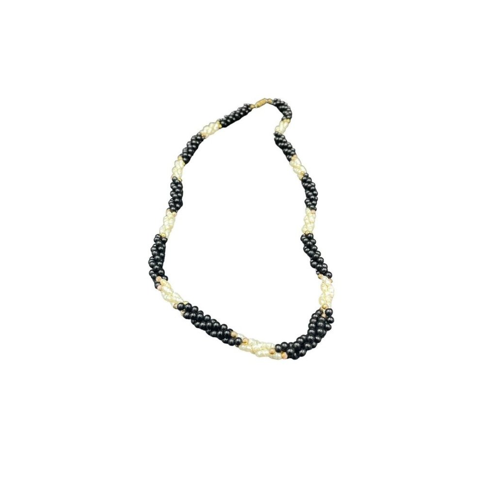 Vintage Black Seed Bead White Freshwater Pearl Twist  Necklace 22 In.